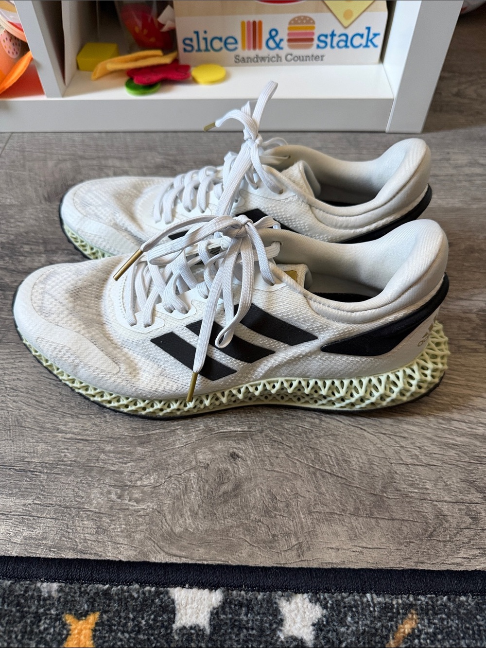adidas White Sneakers with Black Stripes and Light Green 4D Midsole